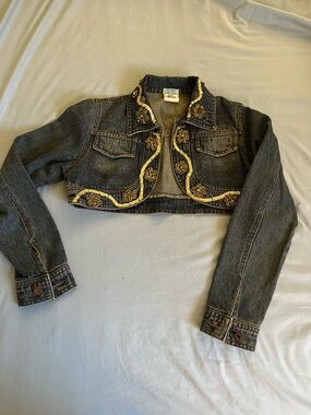 Cropped Dark Wash Denim Jacket with Gold Bead Embroidery - Unbranded